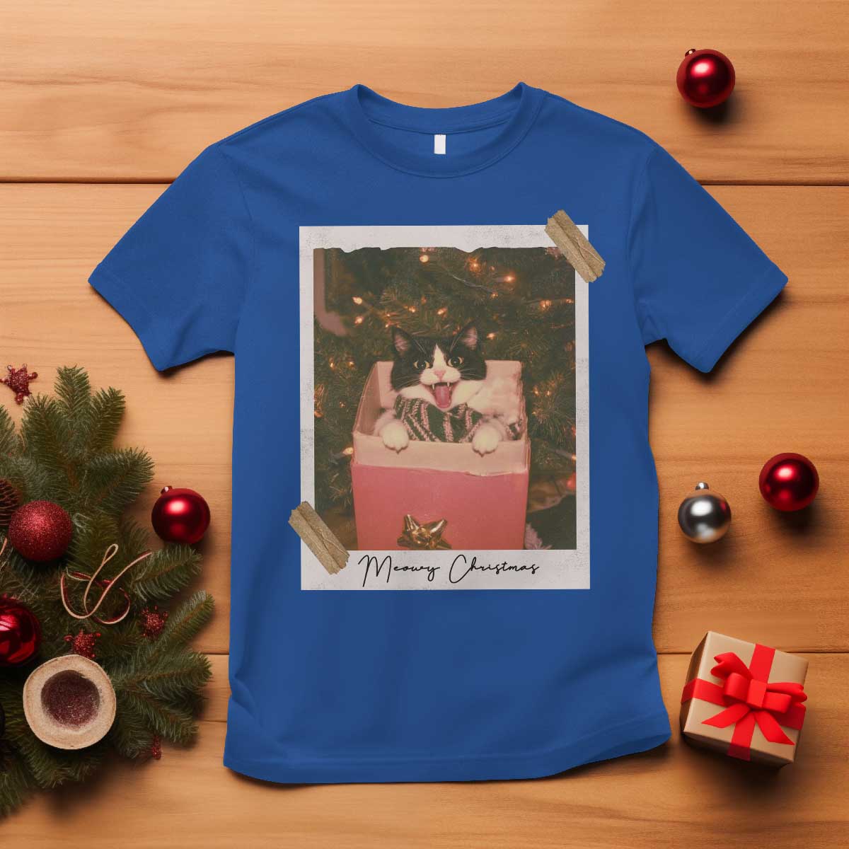 Meowy Christmas T Shirt Cute Cat Lovers Xmas Retro Vintage Photo TS10 Royal Blue Print Your Wear