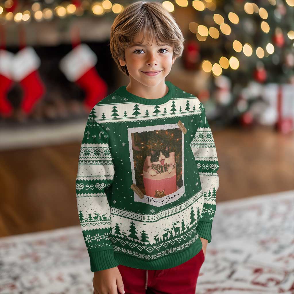 Meowy Xmas Ugly Christmas Sweater Cute Cat Lovers Xmas Retro Vintage Photo TS10 Forest Green Beige Print Your Wear