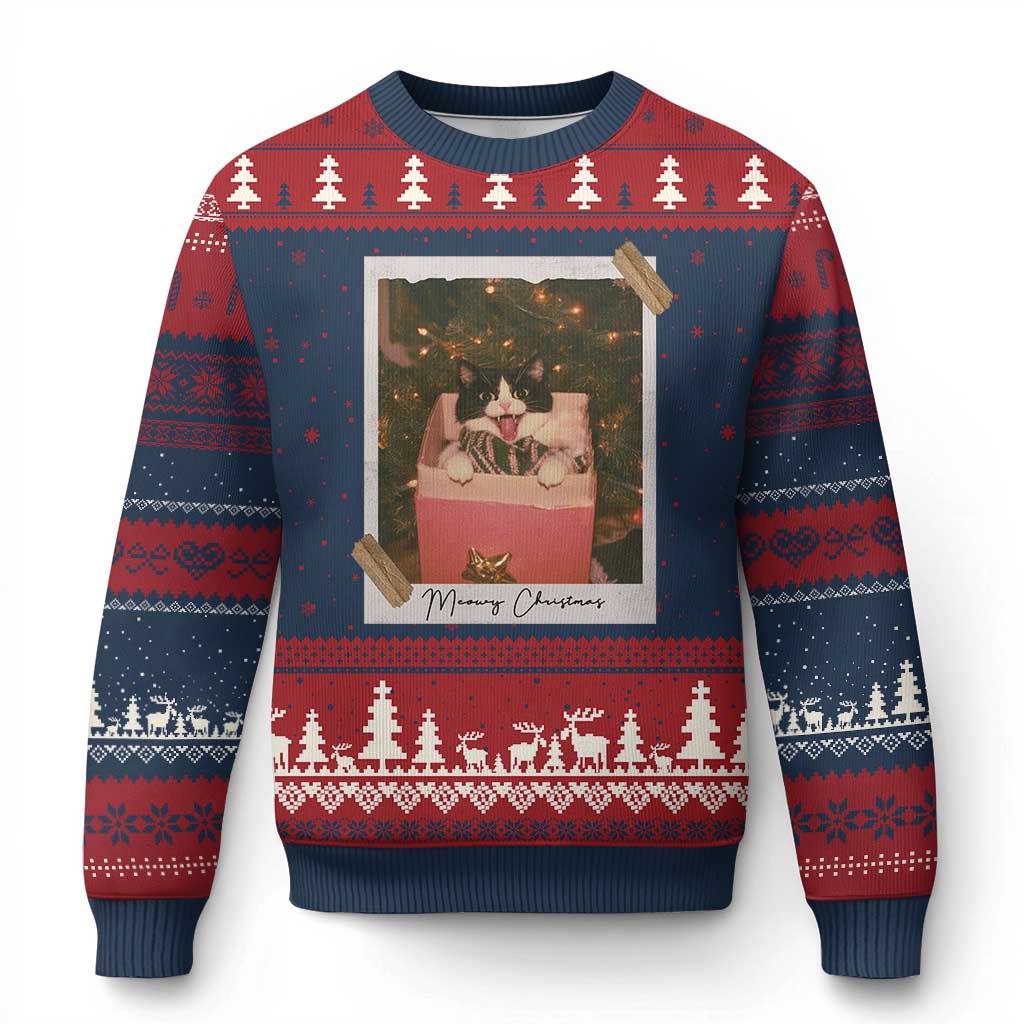Meowy Xmas Ugly Christmas Sweater Cute Cat Lovers Xmas Retro Vintage Photo TS10 Navy Red Print Your Wear