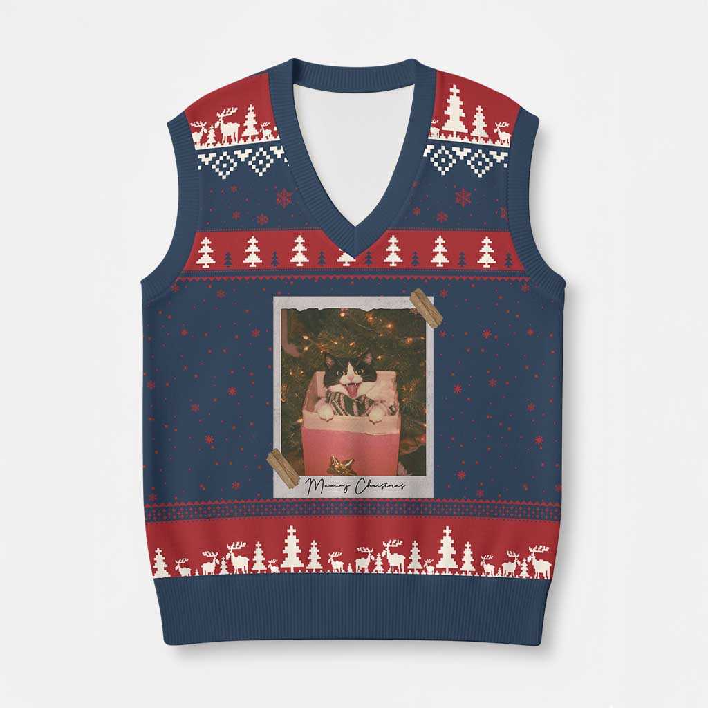 Meowy Xmas V-Neck Knit Sweater Vest Cute Cat Lovers Xmas Retro Vintage Photo TS10 Navy Red Print Your Wear