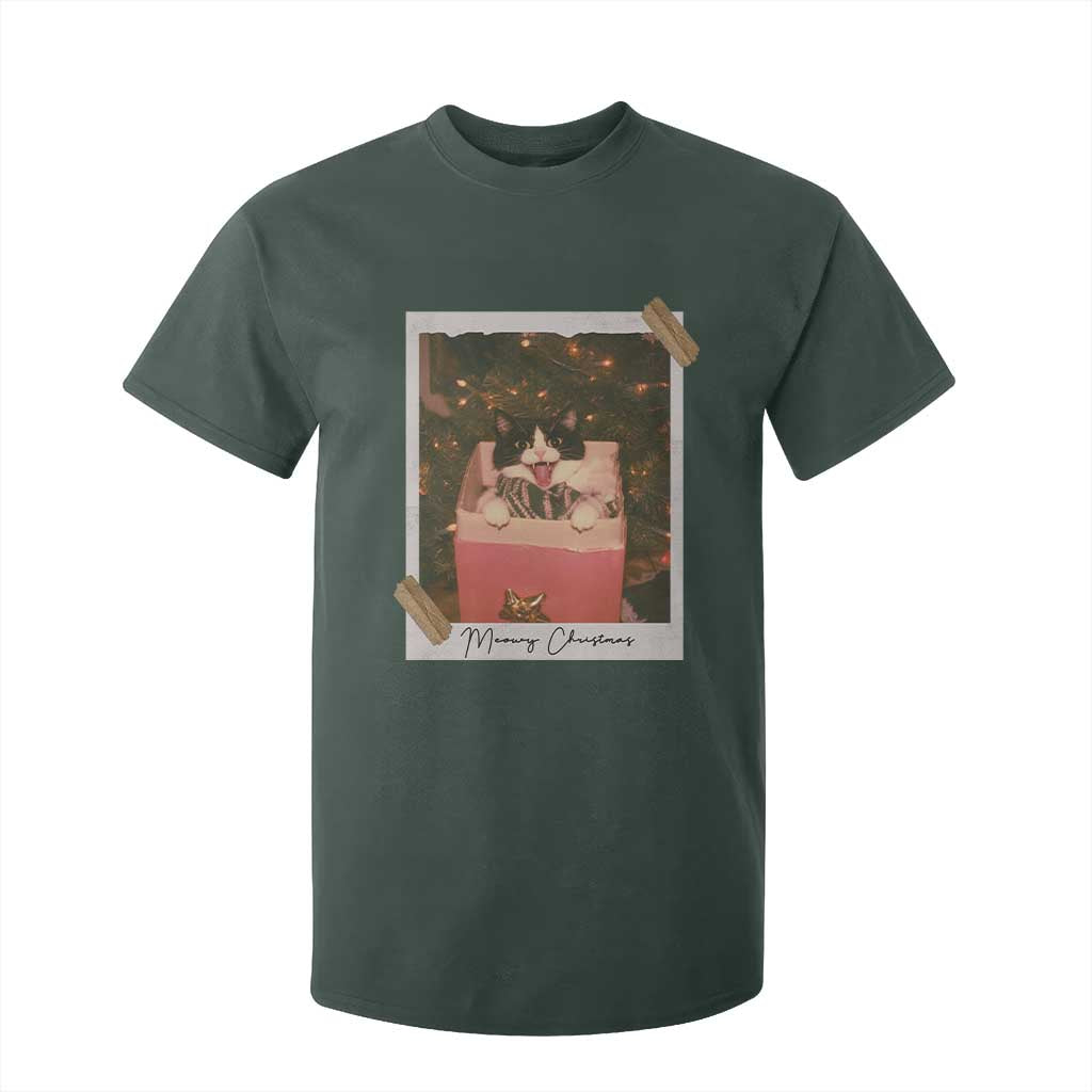Meowy Christmas T Shirt For Kid Cute Cat Lovers Xmas Retro Vintage Photo TS10 Dark Forest Green Print Your Wear