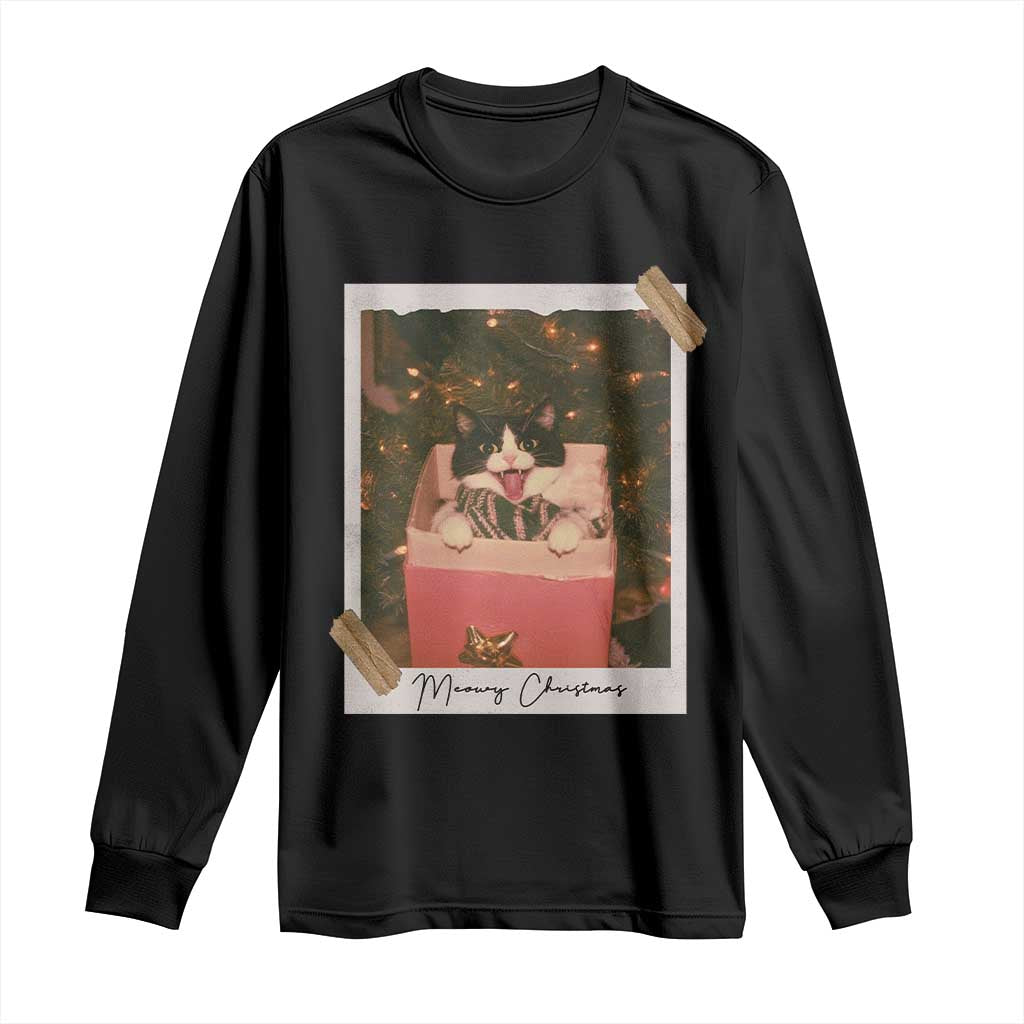 Meowy Christmas Long Sleeve Shirt Cute Cat Lovers Xmas Retro Vintage Photo - Print Your Wear