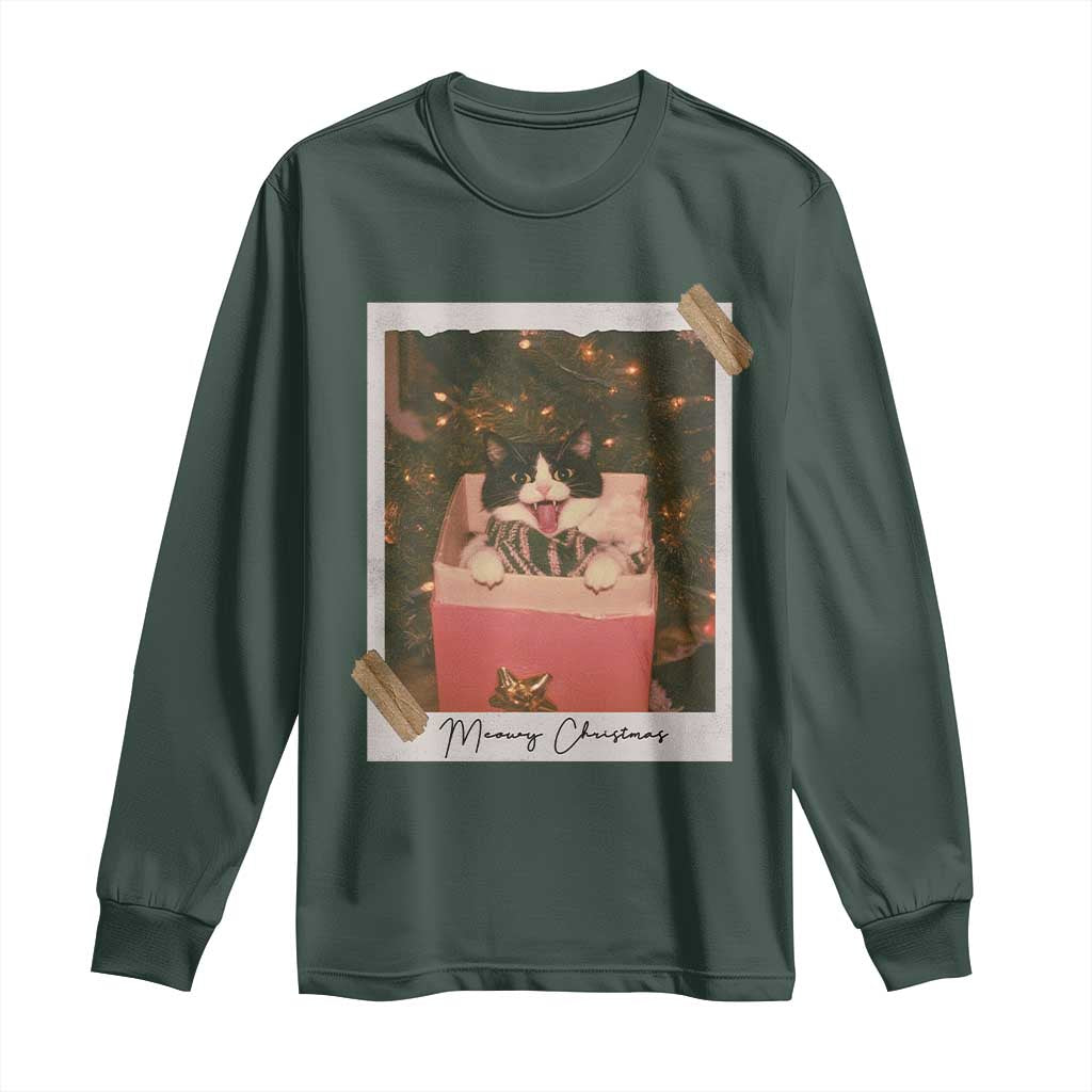 Meowy Christmas Long Sleeve Shirt Cute Cat Lovers Xmas Retro Vintage Photo TS10 Dark Forest Green Print Your Wear