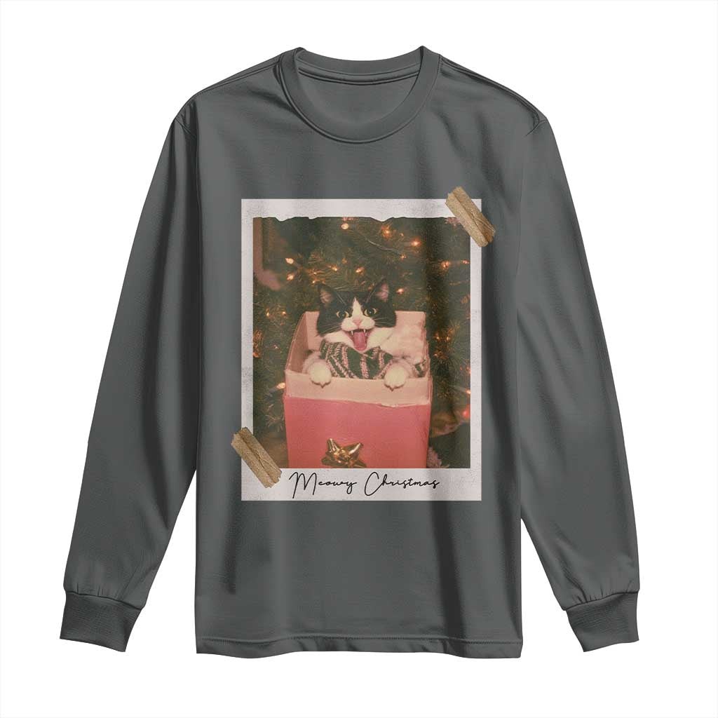 Meowy Christmas Long Sleeve Shirt Cute Cat Lovers Xmas Retro Vintage Photo TS10 Dark Heather Print Your Wear