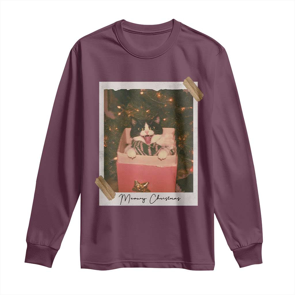 Meowy Christmas Long Sleeve Shirt Cute Cat Lovers Xmas Retro Vintage Photo - Print Your Wear