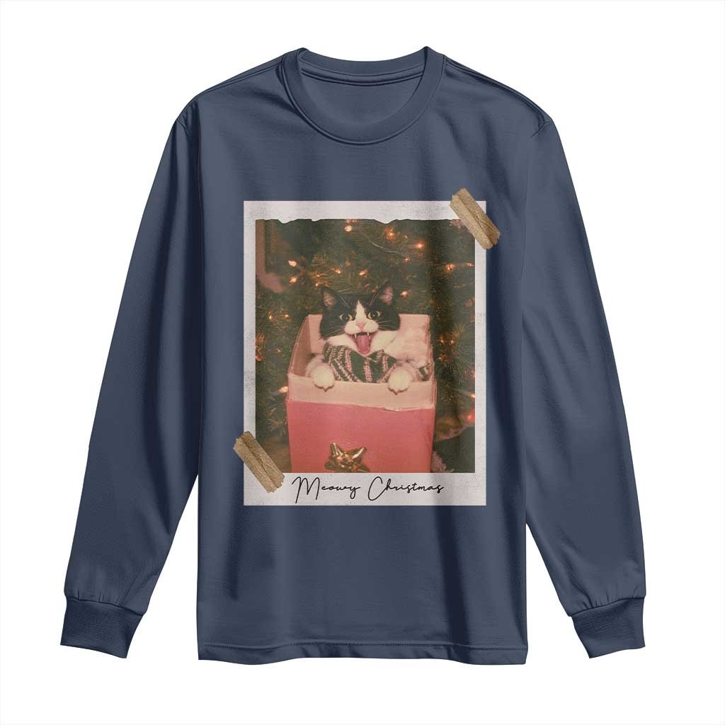 Meowy Christmas Long Sleeve Shirt Cute Cat Lovers Xmas Retro Vintage Photo - Print Your Wear