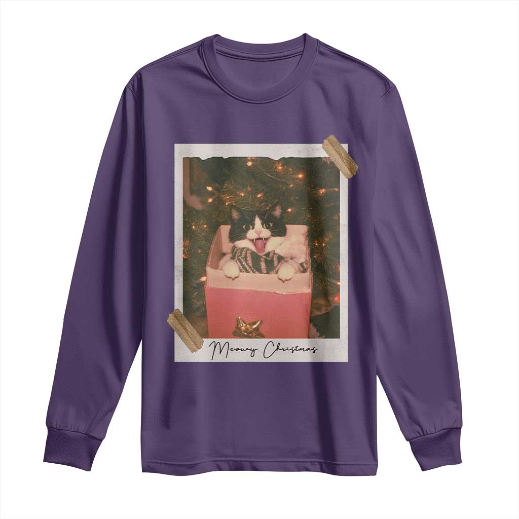 Meowy Christmas Long Sleeve Shirt Cute Cat Lovers Xmas Retro Vintage Photo - Print Your Wear