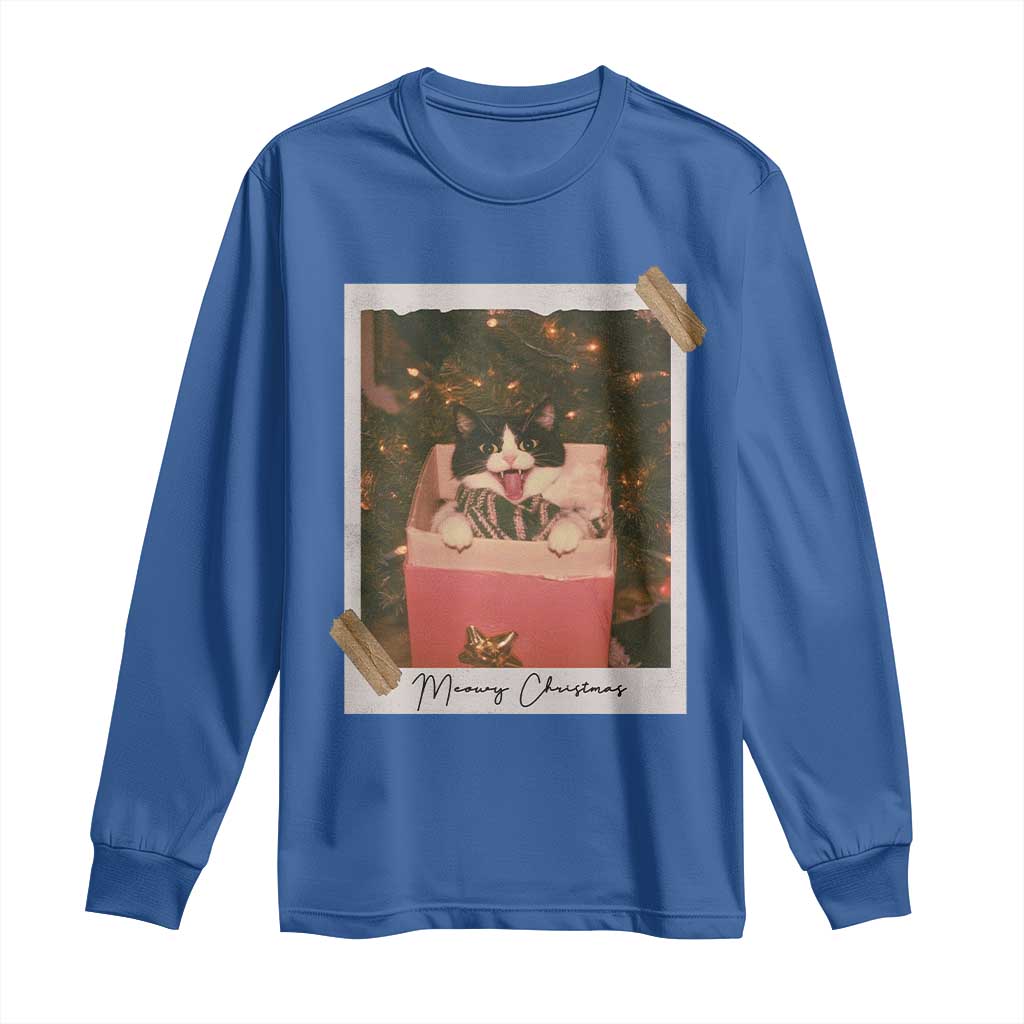 Meowy Christmas Long Sleeve Shirt Cute Cat Lovers Xmas Retro Vintage Photo TS10 Royal Blue Print Your Wear