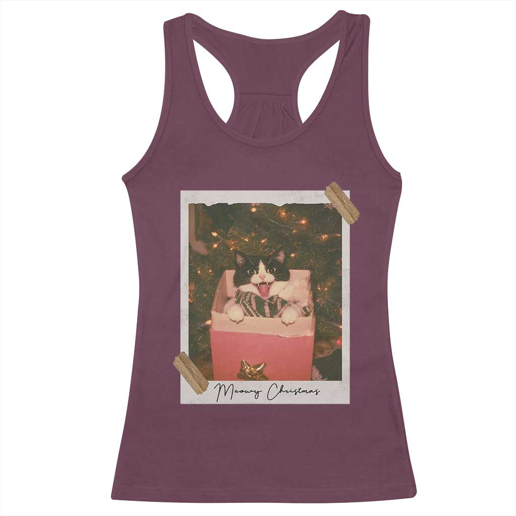 Meowy Christmas Racerback Tank Top Cute Cat Lovers Xmas Retro Vintage Photo TS10 Maroon Print Your Wear