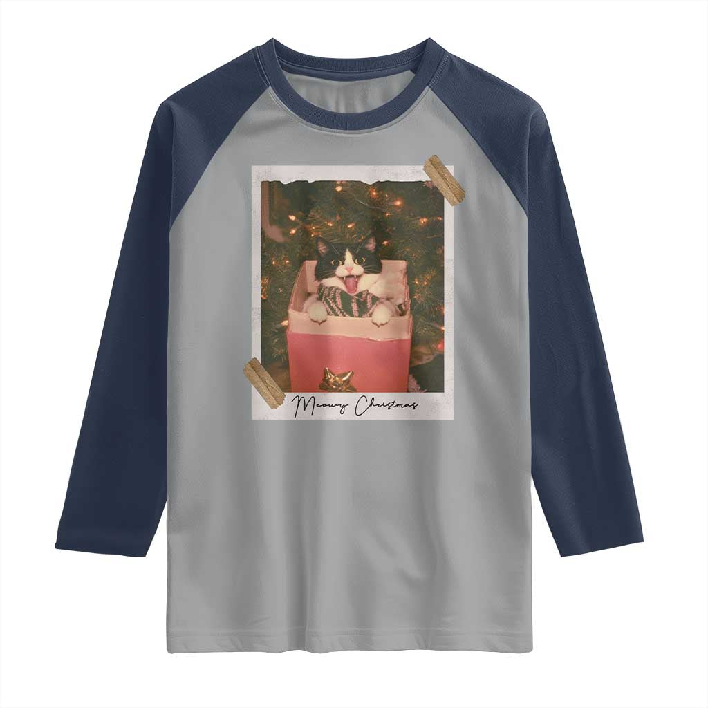 Meowy Christmas Raglan Shirt Cute Cat Lovers Xmas Retro Vintage Photo TS10 Sport Gray Navy Print Your Wear
