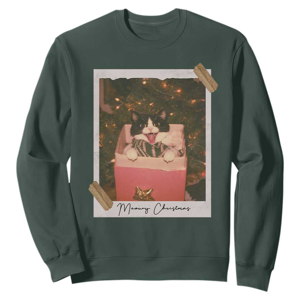 Meowy Christmas Sweatshirt Cute Cat Lovers Xmas Retro Vintage Photo TS10 Dark Forest Green Print Your Wear
