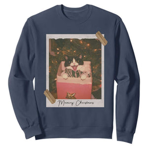 Meowy Christmas Sweatshirt Cute Cat Lovers Xmas Retro Vintage Photo TS10 Navy Print Your Wear