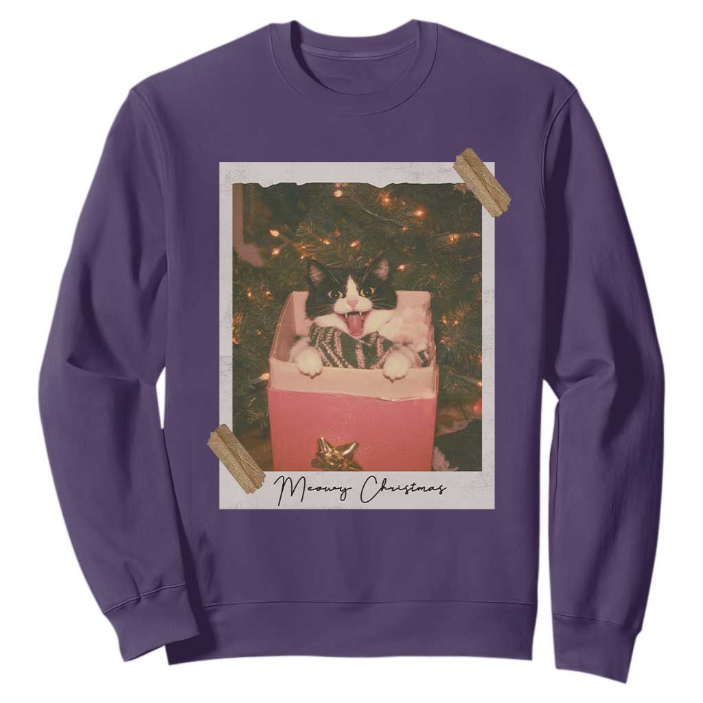 Meowy Christmas Sweatshirt Cute Cat Lovers Xmas Retro Vintage Photo - Print Your Wear