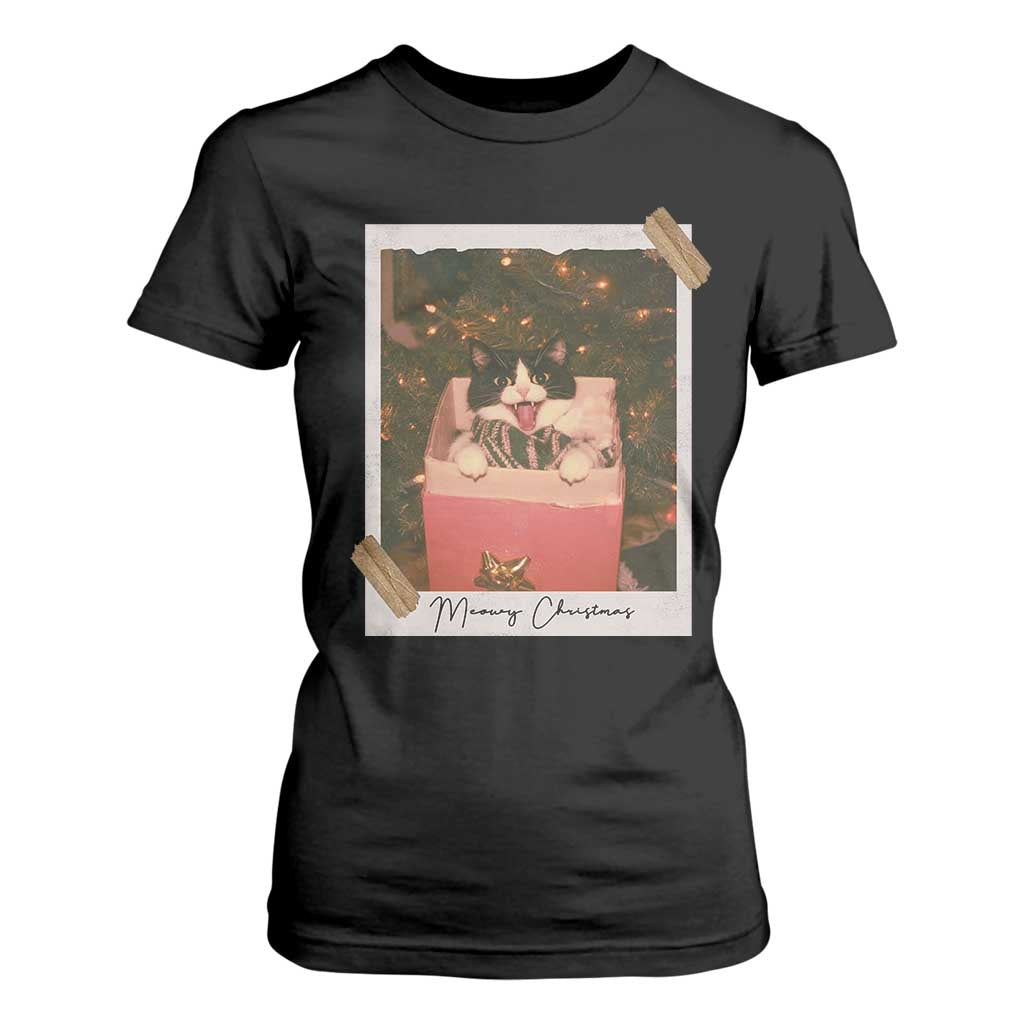 Meowy Christmas T Shirt For Women Cute Cat Lovers Xmas Retro Vintage Photo - Print Your Wear