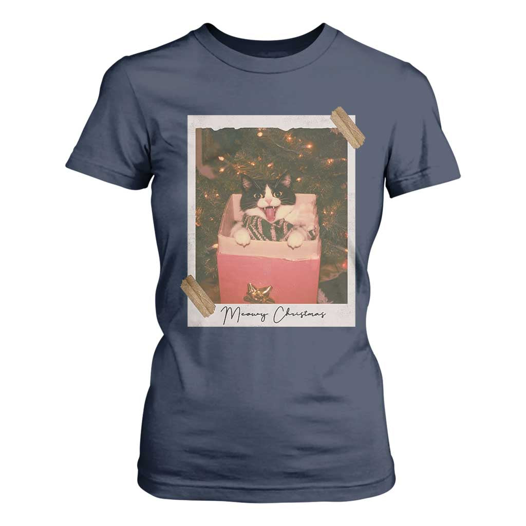 Meowy Christmas T Shirt For Women Cute Cat Lovers Xmas Retro Vintage Photo TS10 Navy Print Your Wear