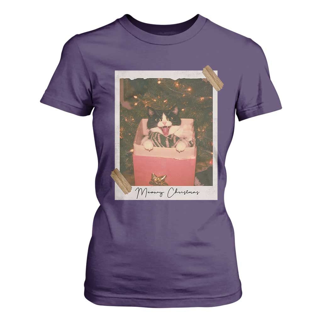Meowy Christmas T Shirt For Women Cute Cat Lovers Xmas Retro Vintage Photo TS10 Purple Print Your Wear