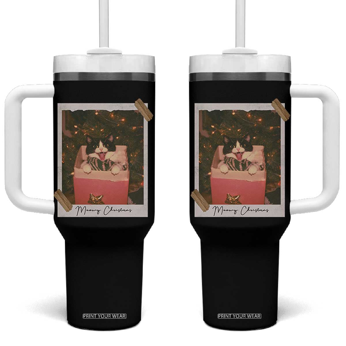 Meowy Christmas Tumbler With Handle Cute Cat Lovers Xmas Retro Vintage Photo TS10 One Size: 40 oz Black Print Your Wear