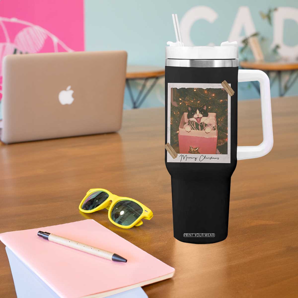 Meowy Christmas Tumbler With Handle Cute Cat Lovers Xmas Retro Vintage Photo TS10 Print Your Wear
