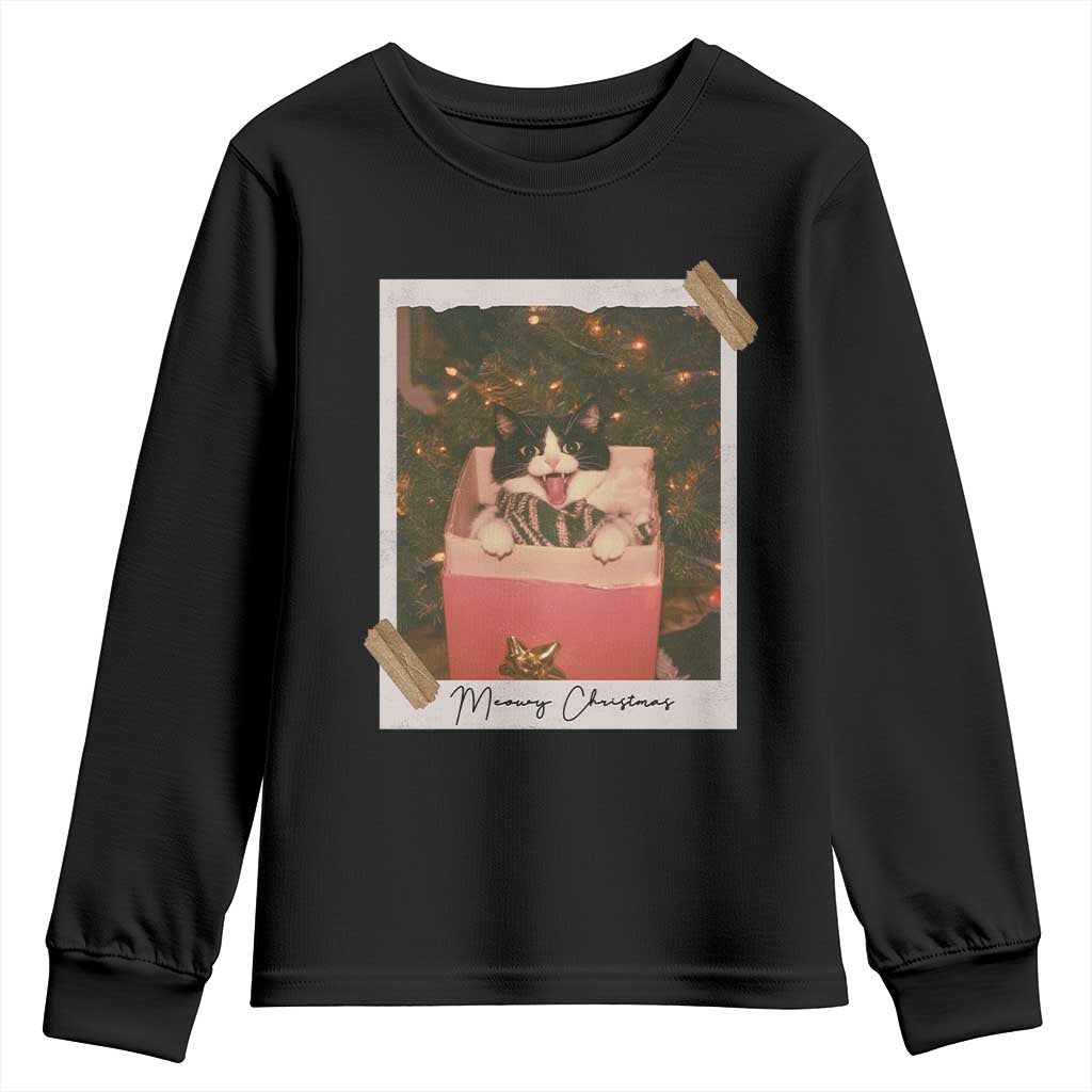 Meowy Christmas Youth Sweatshirt Cute Cat Lovers Xmas Retro Vintage Photo - Print Your Wear