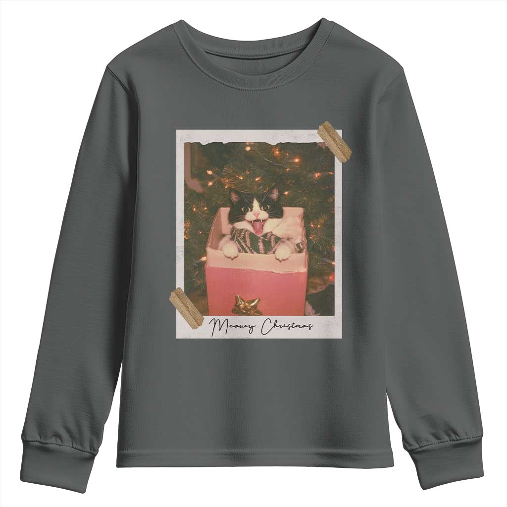 Meowy Christmas Youth Sweatshirt Cute Cat Lovers Xmas Retro Vintage Photo TS10 Dark Heather Print Your Wear