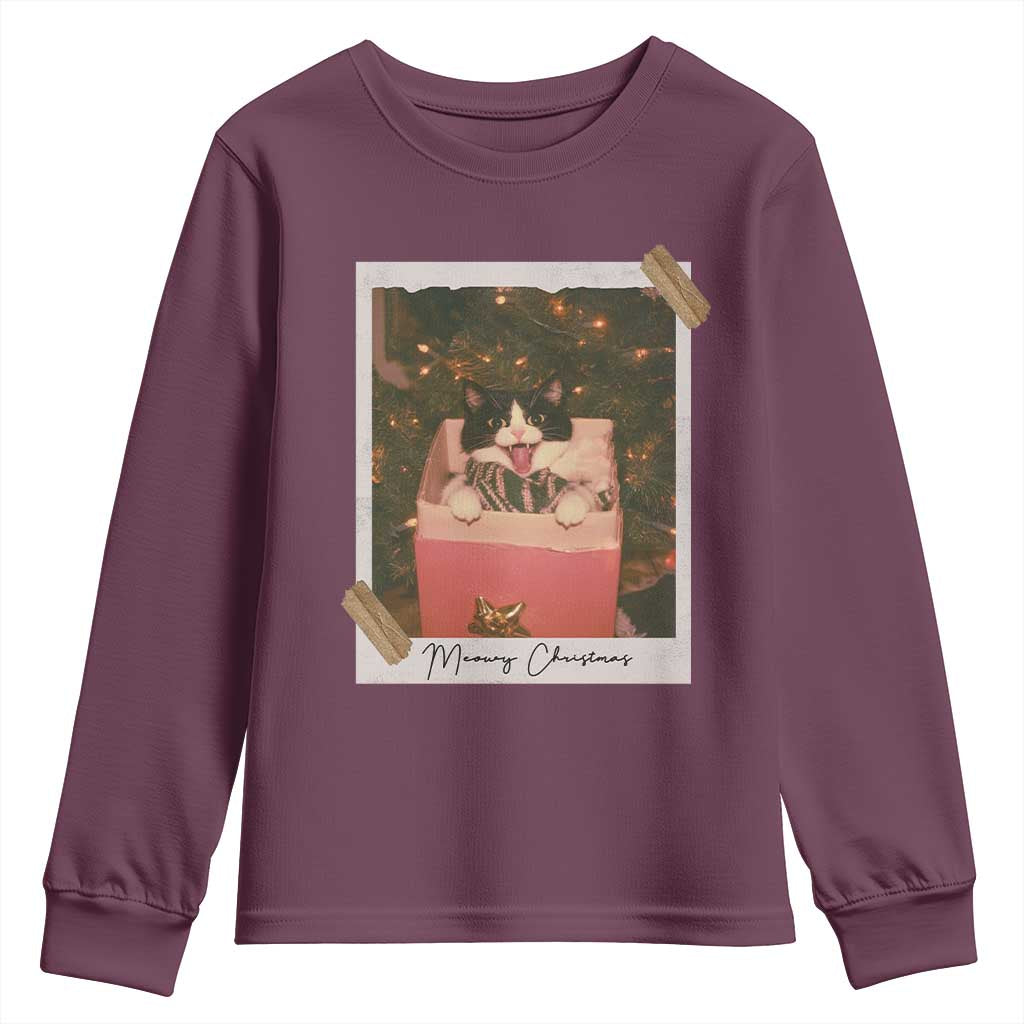 Meowy Christmas Youth Sweatshirt Cute Cat Lovers Xmas Retro Vintage Photo TS10 Maroon Print Your Wear
