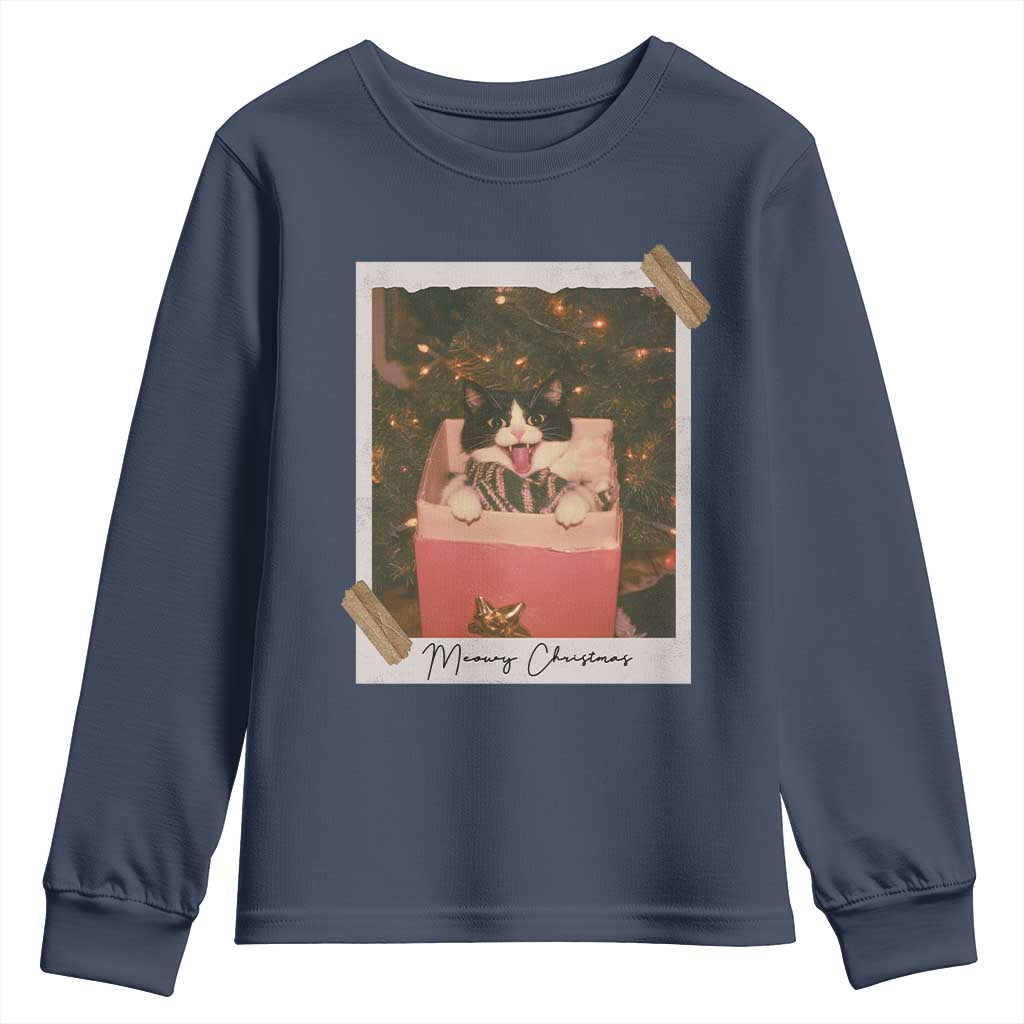 Meowy Christmas Youth Sweatshirt Cute Cat Lovers Xmas Retro Vintage Photo - Print Your Wear