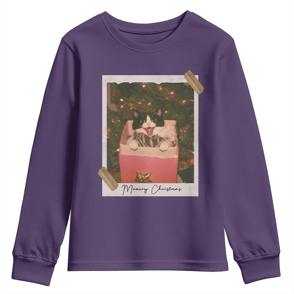 Meowy Christmas Youth Sweatshirt Cute Cat Lovers Xmas Retro Vintage Photo TS10 Purple Print Your Wear