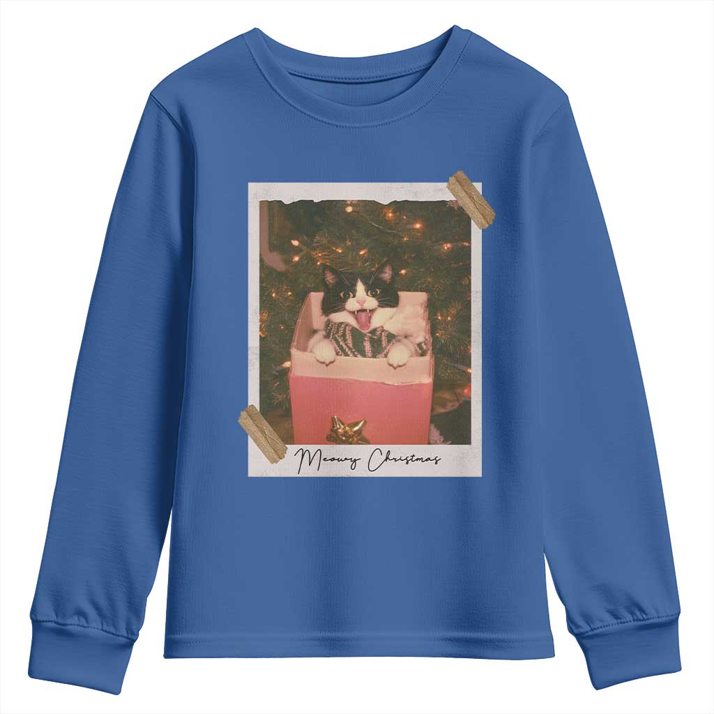 Meowy Christmas Youth Sweatshirt Cute Cat Lovers Xmas Retro Vintage Photo TS10 Royal Blue Print Your Wear