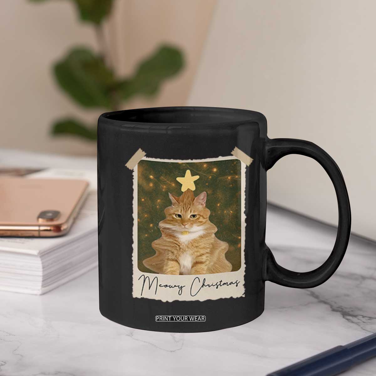 Meowy Christmas Coffee Mug Funny Cat Xmas Tree Retro Vintage Photo TS10 Print Your Wear