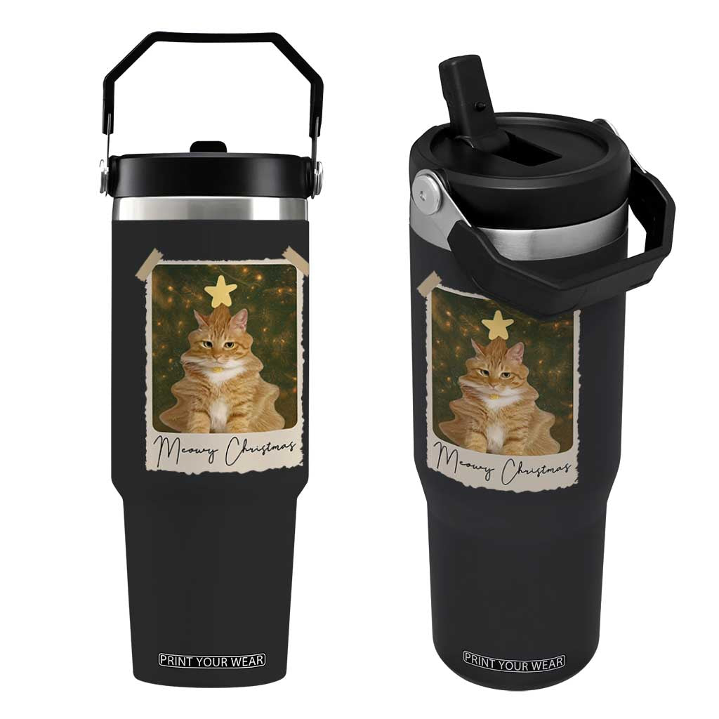 Meowy Christmas Flip Straw Tumbler Funny Cat Xmas Tree Retro Vintage Photo TS10 One Size: 30 oz Black Print Your Wear