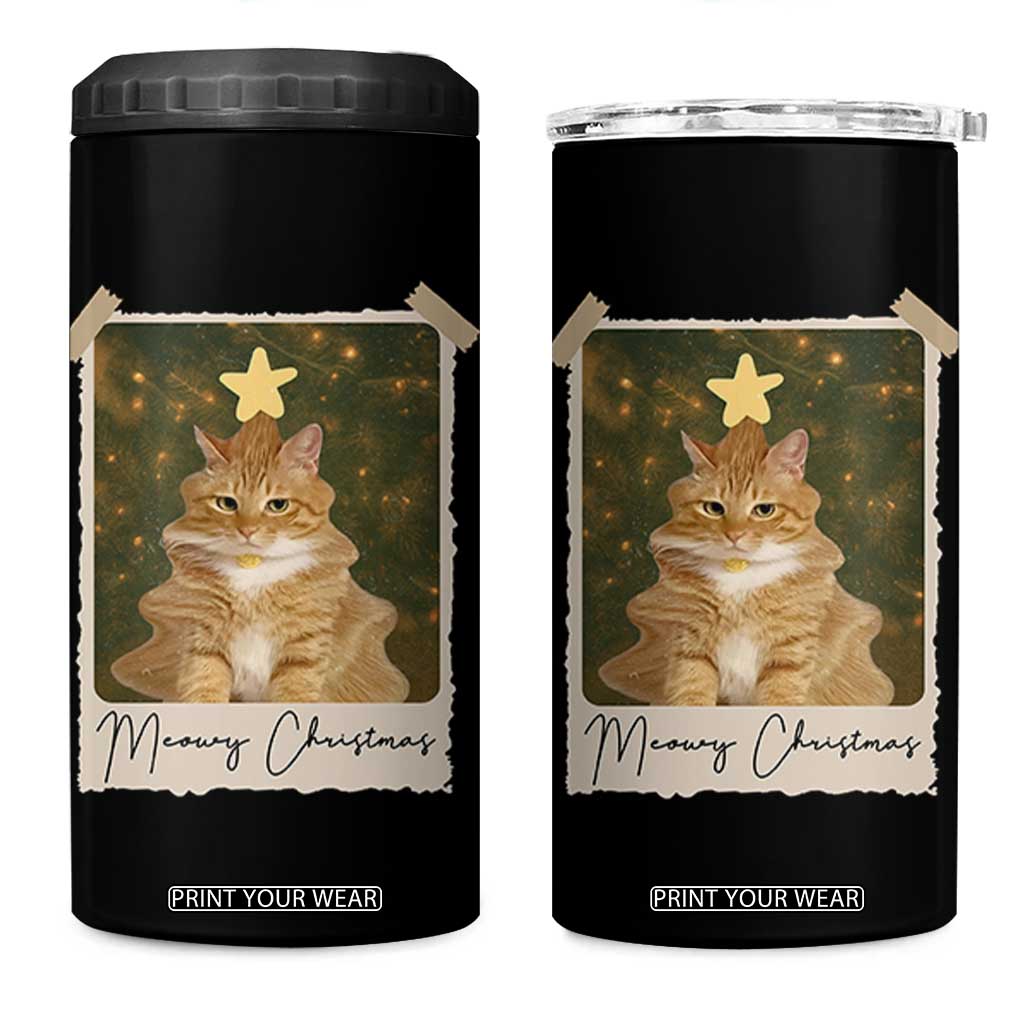 Meowy Christmas 4 in 1 Can Cooler Tumbler Funny Cat Xmas Tree Retro Vintage Photo TS10 One Size: 16 oz Black Print Your Wear