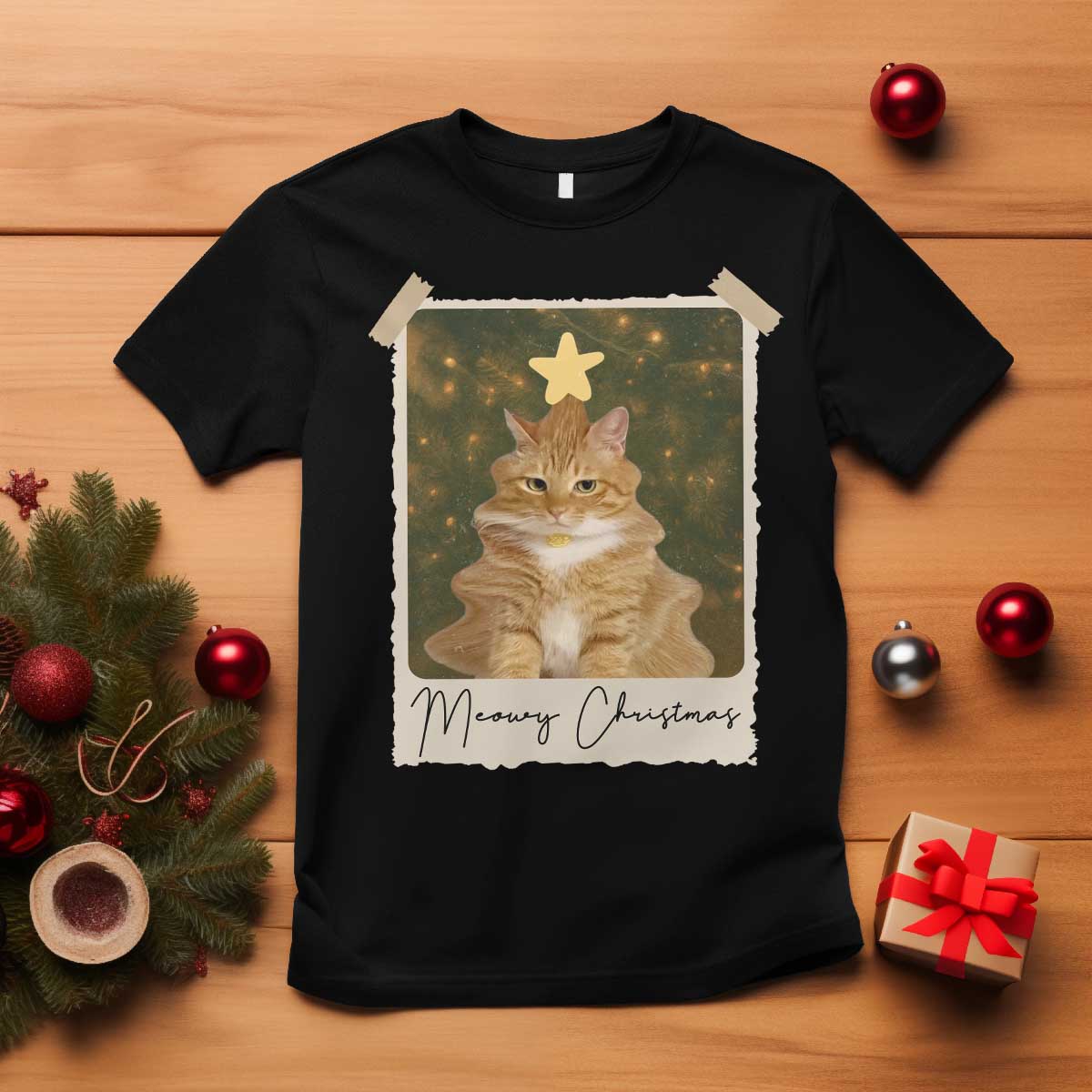 Meowy Christmas T Shirt Funny Cat Xmas Tree Retro Vintage Photo TS10 Black Print Your Wear