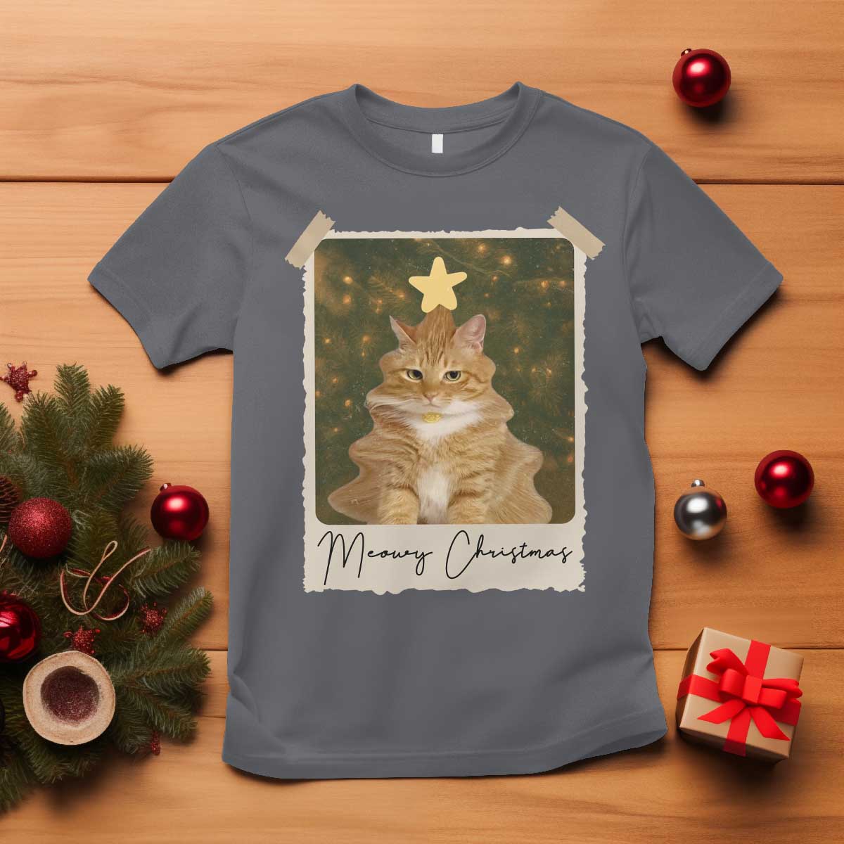 Meowy Christmas T Shirt Funny Cat Xmas Tree Retro Vintage Photo TS10 Charcoal Print Your Wear