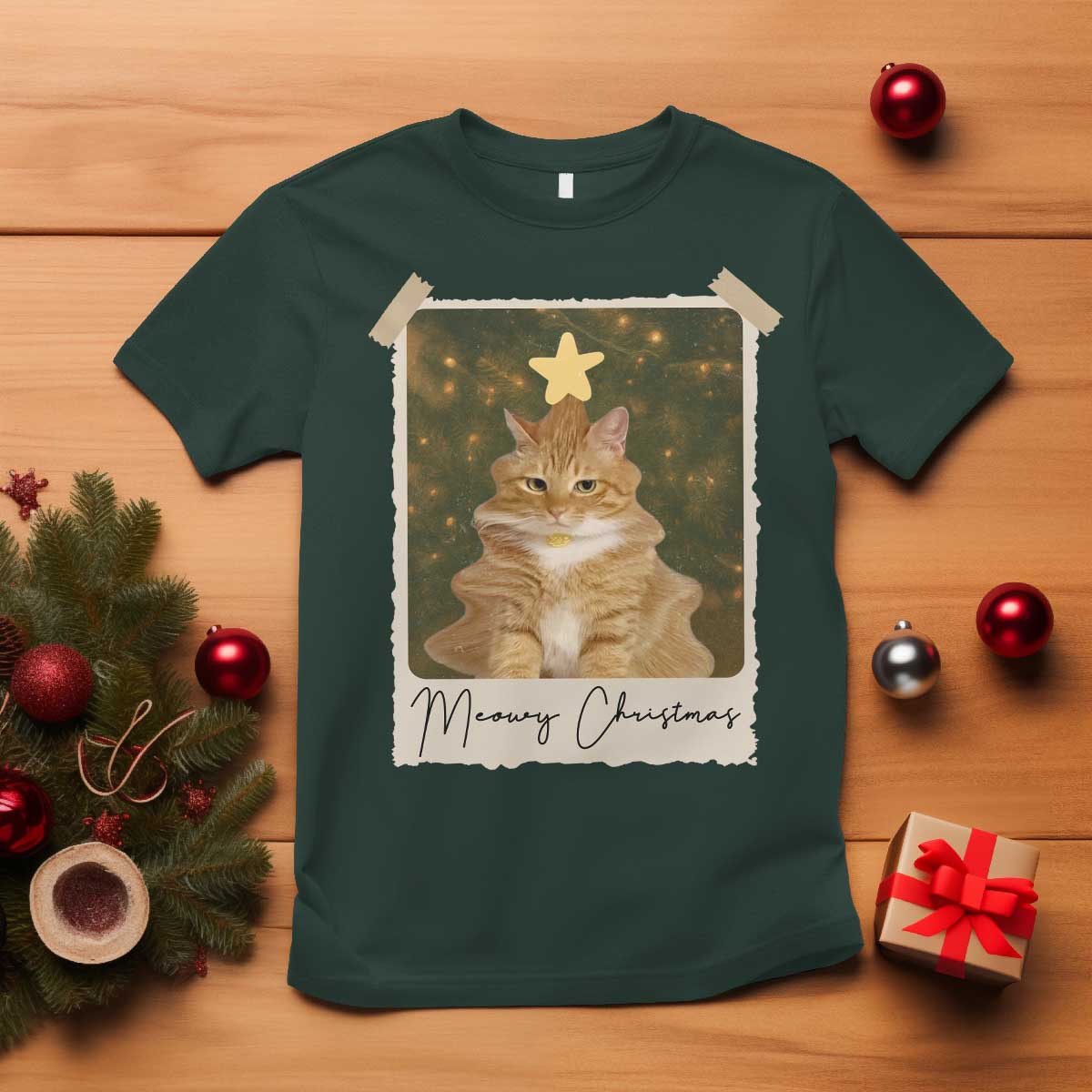 Meowy Christmas T Shirt Funny Cat Xmas Tree Retro Vintage Photo TS10 Dark Forest Green Print Your Wear
