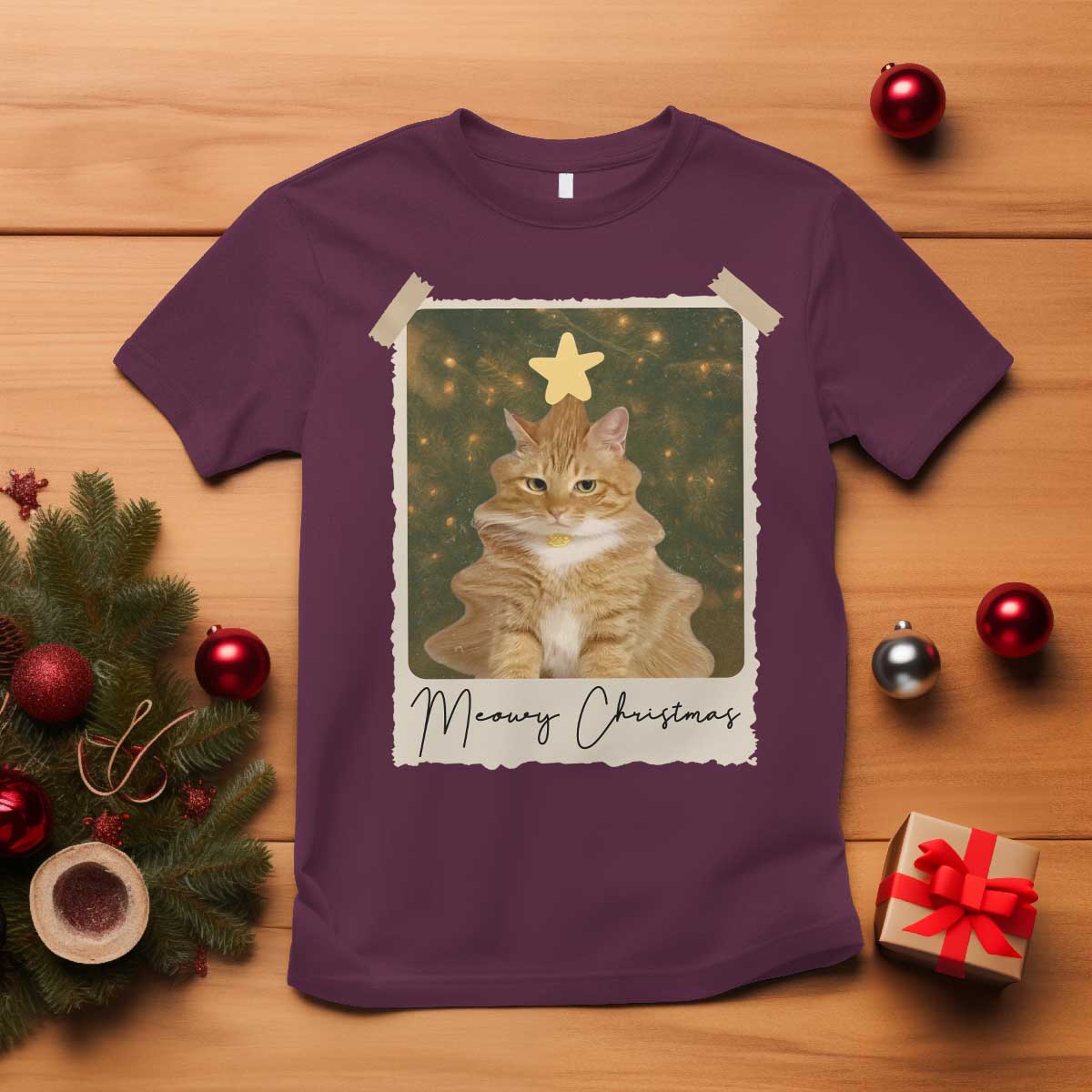 Meowy Christmas T Shirt Funny Cat Xmas Tree Retro Vintage Photo TS10 Maroon Print Your Wear