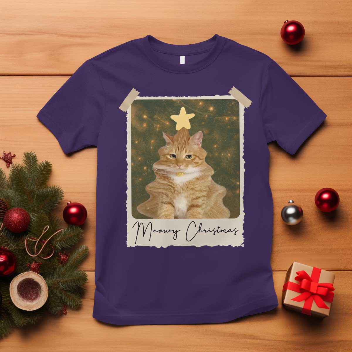 Meowy Christmas T Shirt Funny Cat Xmas Tree Retro Vintage Photo TS10 Purple Print Your Wear