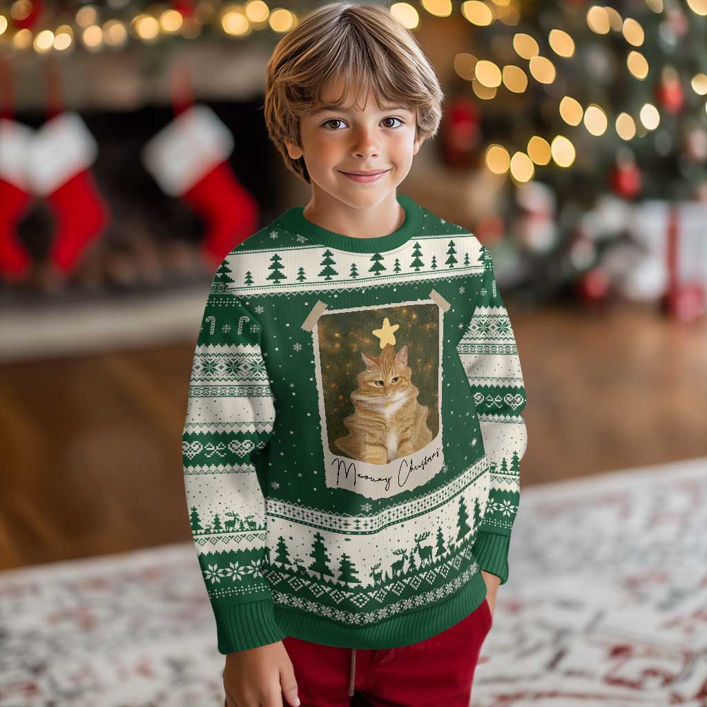 Meowy Xmas Ugly Christmas Sweater Funny Cat Xmas Tree Retro Vintage Photo TS10 Forest Green Beige Print Your Wear