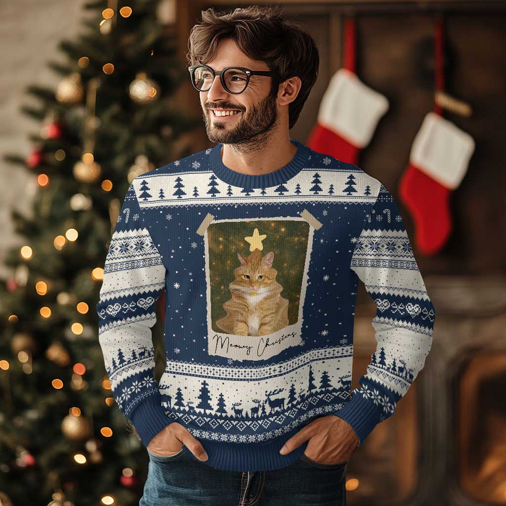 Meowy Xmas Ugly Christmas Sweater Funny Cat Xmas Tree Retro Vintage Photo TS10 Navy Beige Print Your Wear