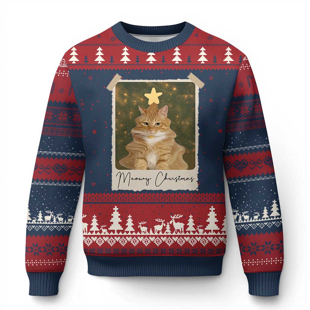 Meowy Xmas Ugly Christmas Sweater Funny Cat Xmas Tree Retro Vintage Photo TS10 Navy Red Print Your Wear