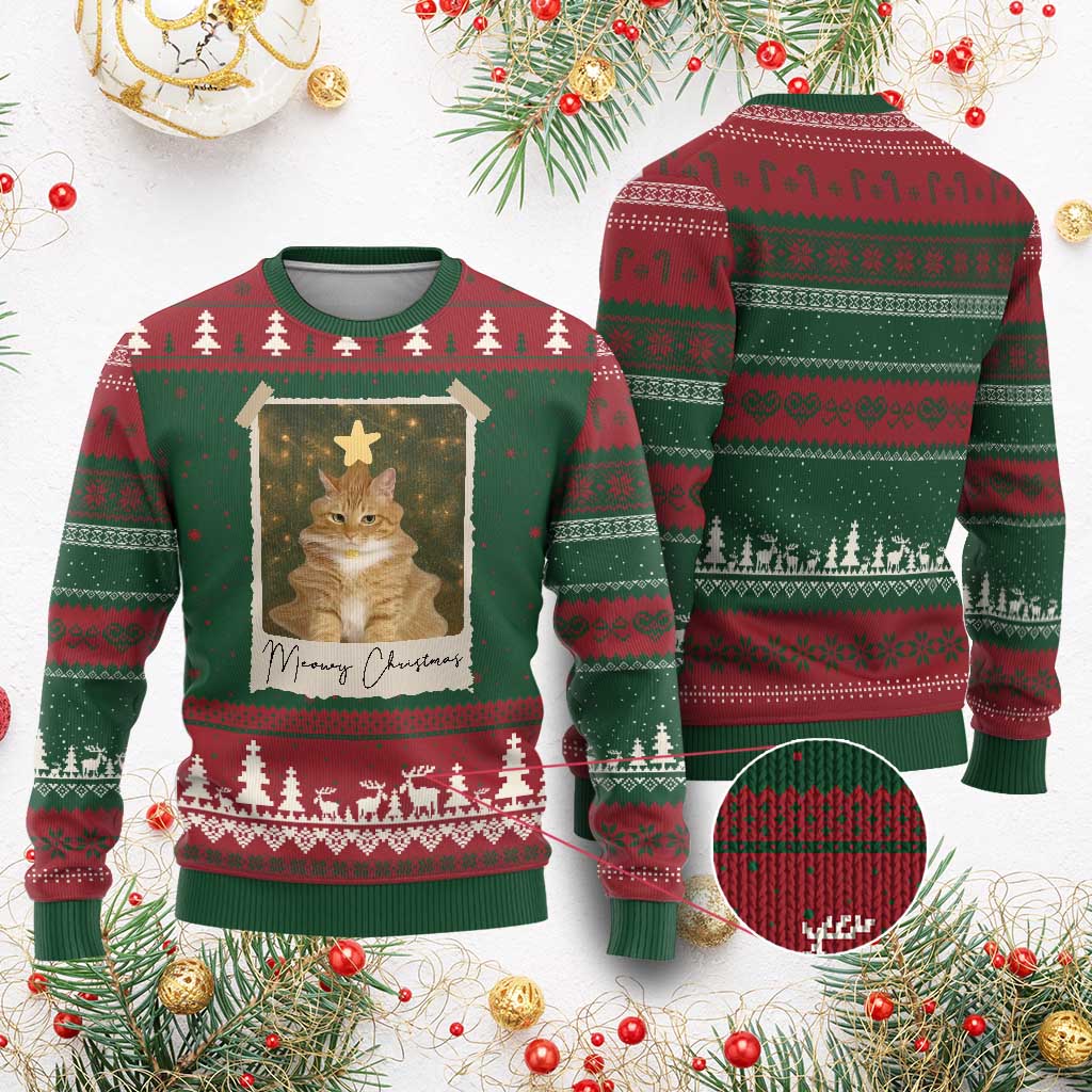 Meowy Xmas Ugly Christmas Sweater Funny Cat Xmas Tree Retro Vintage Photo TS10 Red Green Print Your Wear