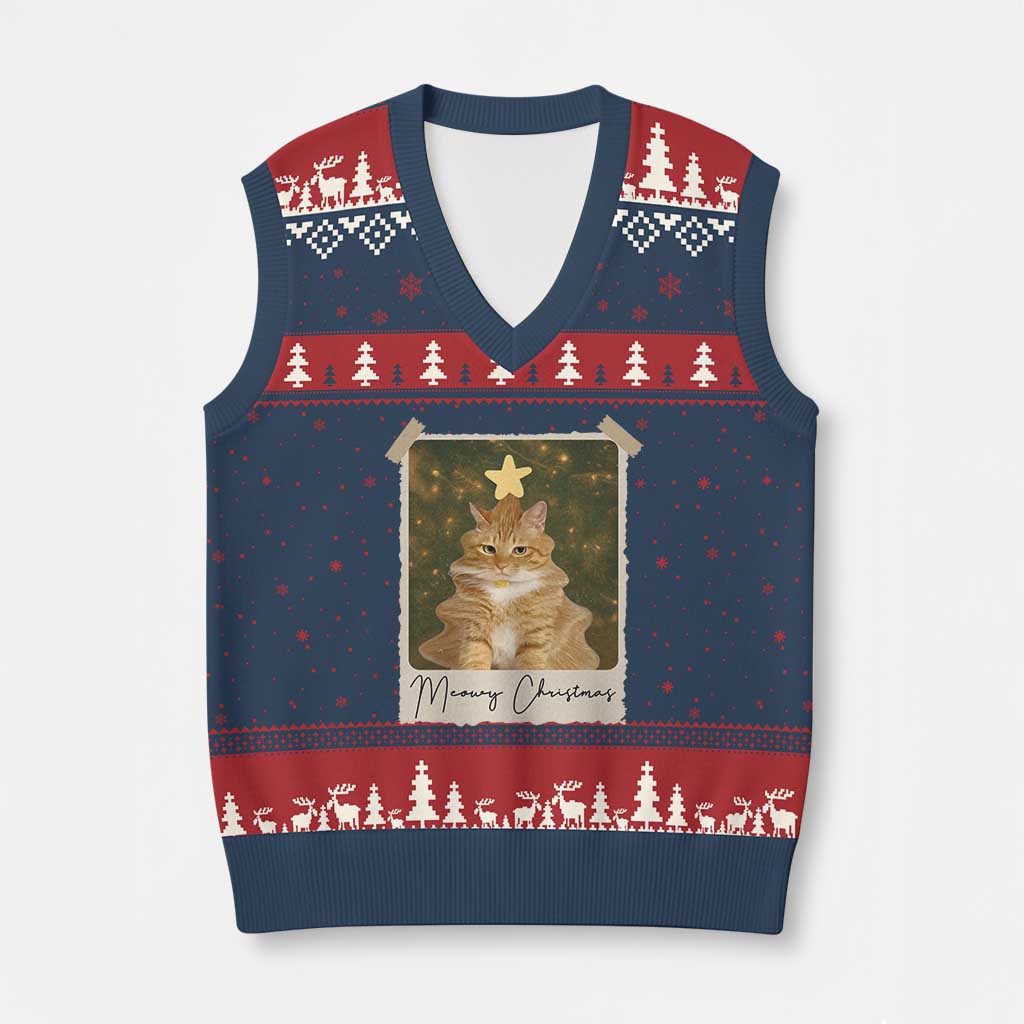 Meowy Xmas V-Neck Knit Sweater Vest Funny Cat Xmas Tree Retro Vintage Photo TS10 Navy Red Print Your Wear