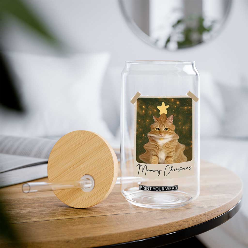 Meowy Christmas Glass Can Funny Cat Xmas Tree Retro Vintage Photo TS10 Print Your Wear