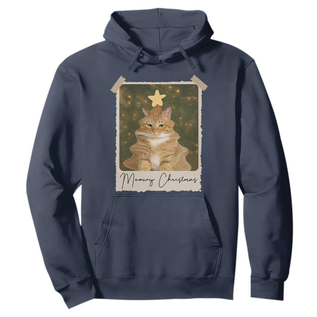 Meowy Christmas Hoodie Funny Cat Xmas Tree Retro Vintage Photo TS10 Navy Print Your Wear