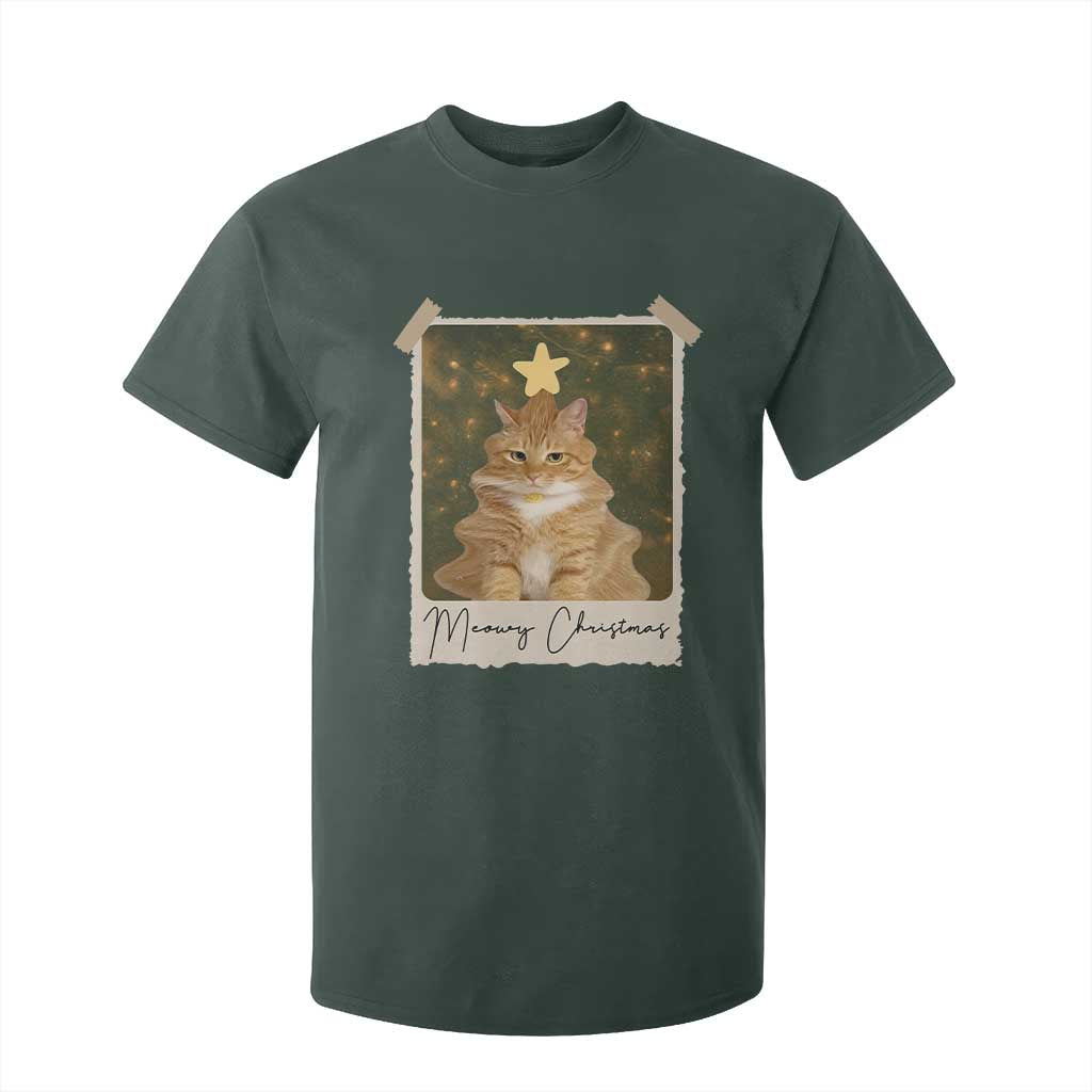 Meowy Christmas T Shirt For Kid Funny Cat Xmas Tree Retro Vintage Photo TS10 Dark Forest Green Print Your Wear