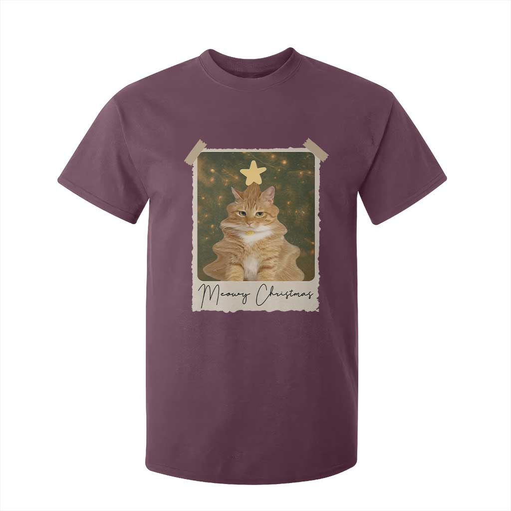 Meowy Christmas T Shirt For Kid Funny Cat Xmas Tree Retro Vintage Photo TS10 Maroon Print Your Wear