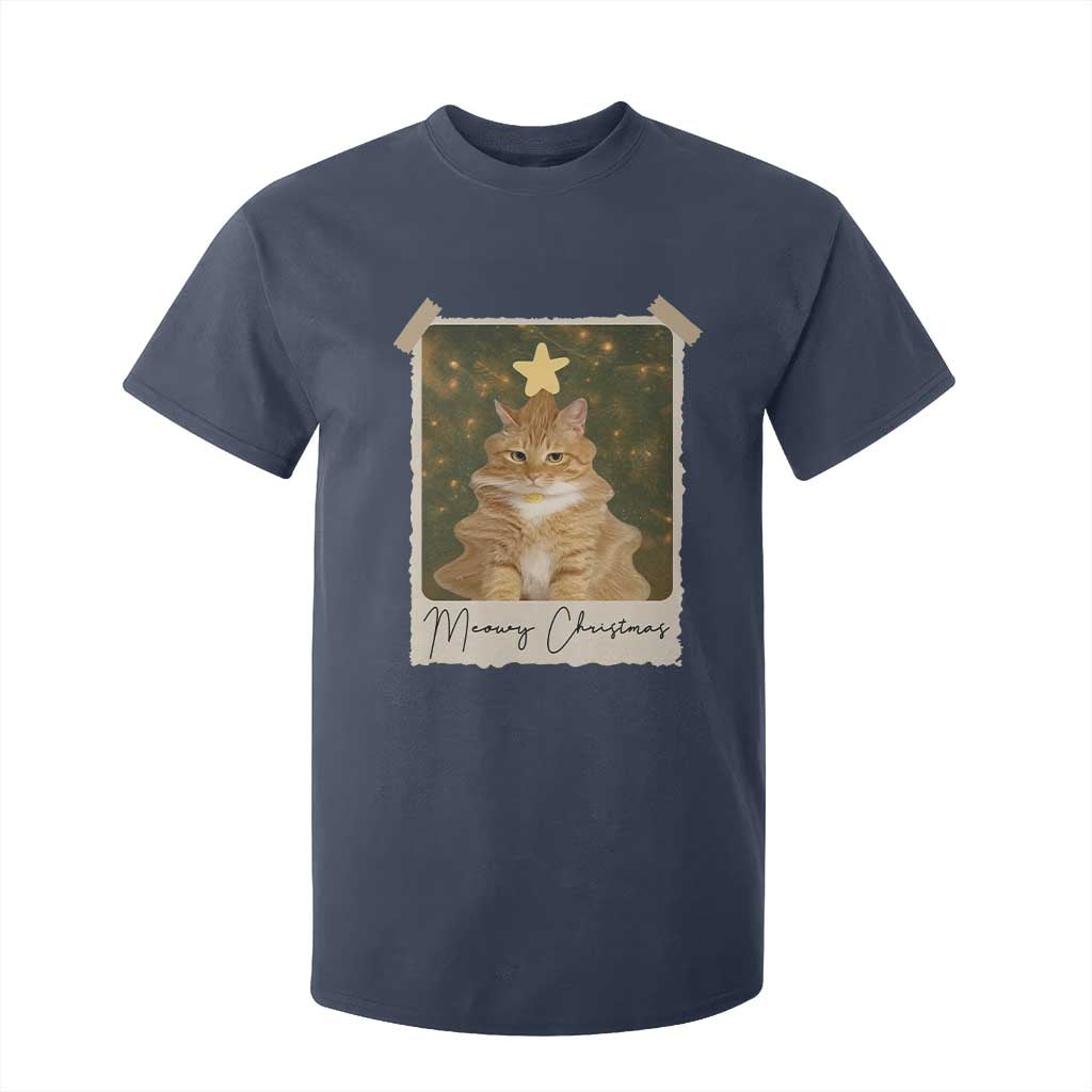 Meowy Christmas T Shirt For Kid Funny Cat Xmas Tree Retro Vintage Photo TS10 Navy Print Your Wear