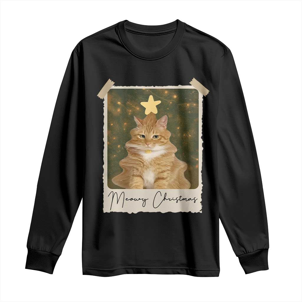 Meowy Christmas Long Sleeve Shirt Funny Cat Xmas Tree Retro Vintage Photo - Print Your Wear