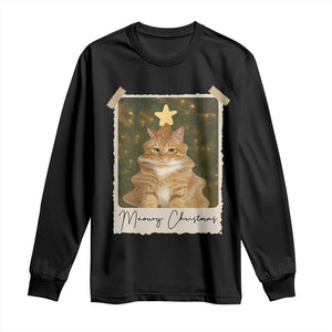 Meowy Christmas Long Sleeve Shirt Funny Cat Xmas Tree Retro Vintage Photo - Print Your Wear