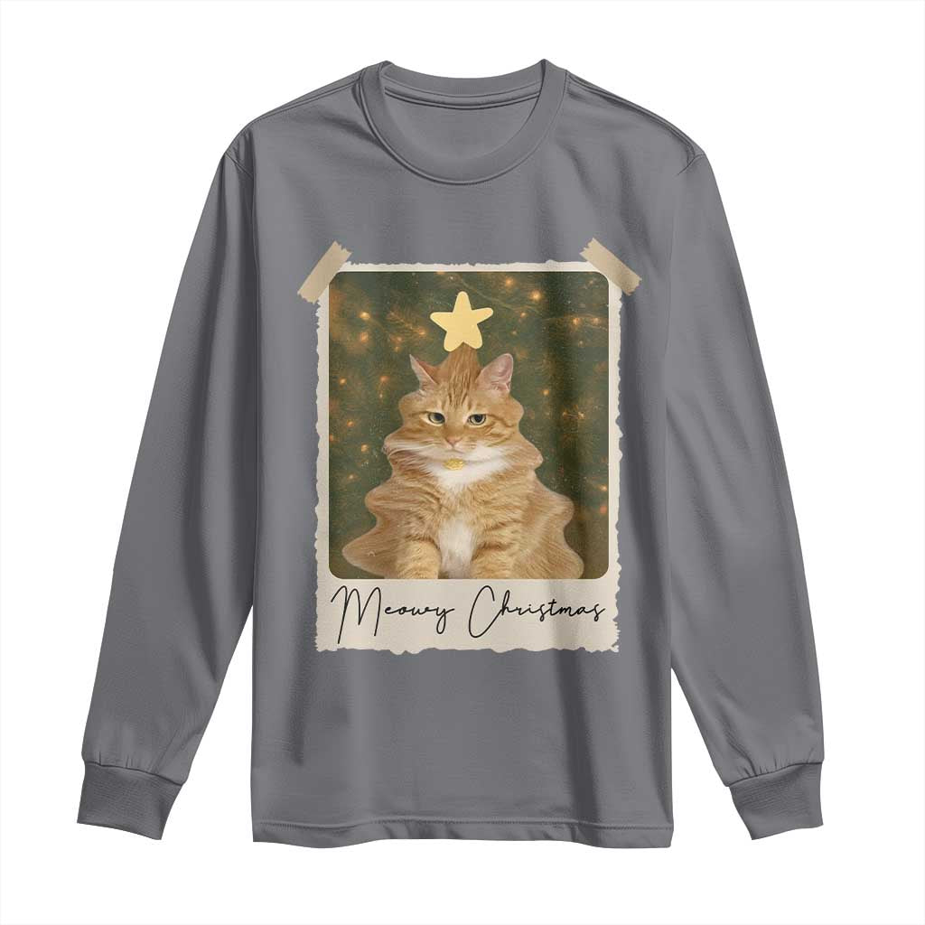 Meowy Christmas Long Sleeve Shirt Funny Cat Xmas Tree Retro Vintage Photo - Print Your Wear
