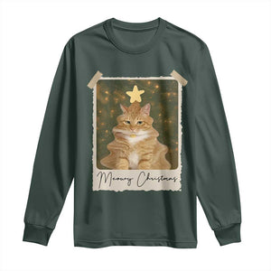 Meowy Christmas Long Sleeve Shirt Funny Cat Xmas Tree Retro Vintage Photo TS10 Dark Forest Green Print Your Wear